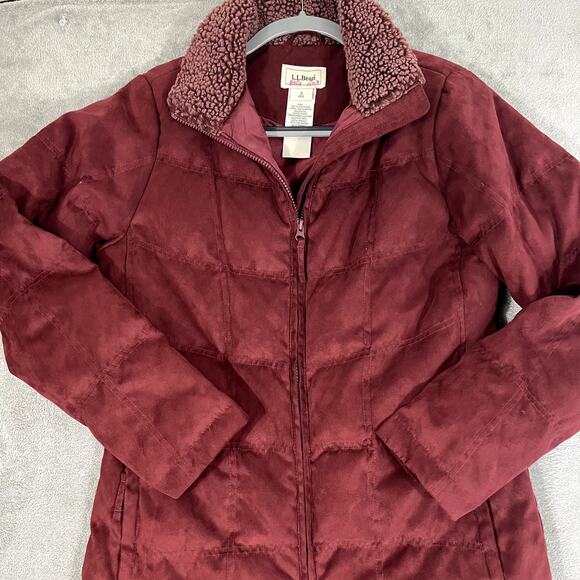 LL Bean Long Parka Goose Down Jacket Suede Quilted Women's S Burgundy Sherpa - Picture 2 of 11